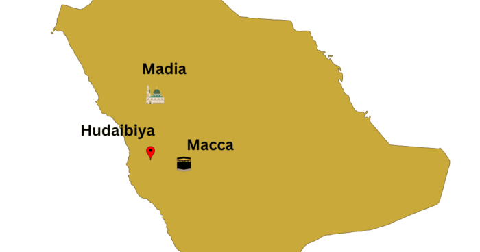 Map of Hudaibiya in relation to Mecca and Medina